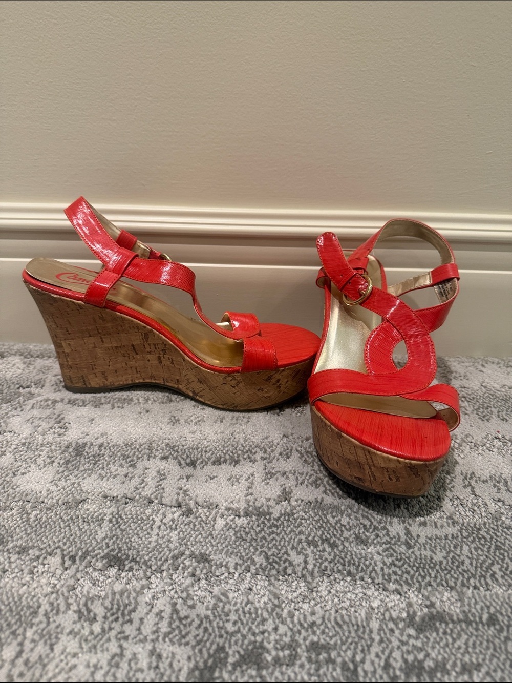 Candie's Red Patent Cork Wedge Sandals